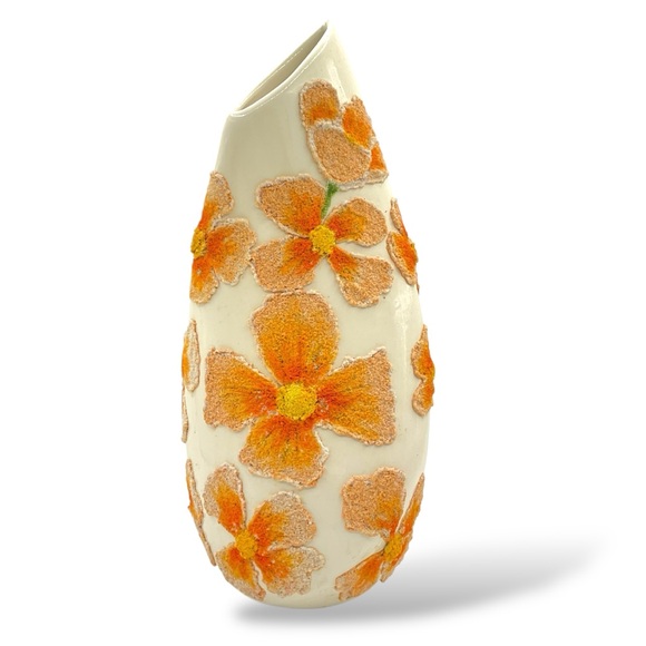Handmade Other - Vintage‎ Ceramic Vase Handmade 1987 Joan Muss Cream Orange Flowers Lava Textured